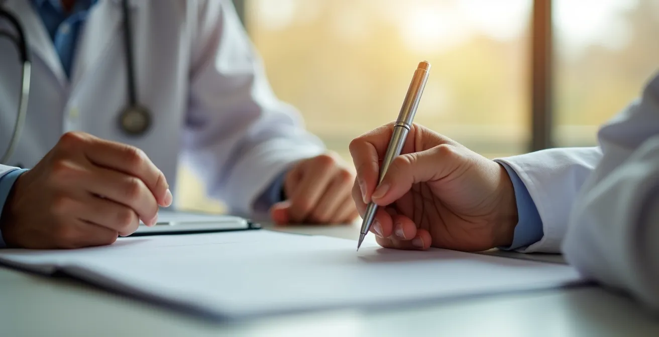 Mains de médecin tenant un stylo pendant une consultation esthétique