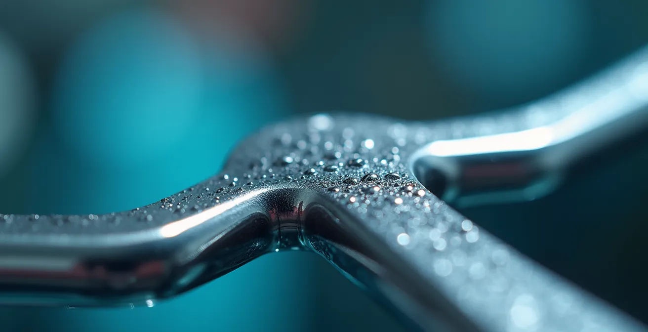 Détail macro d'une surface métallique médicale avec reflets lumineux