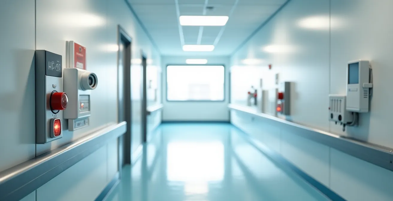 Couloir moderne de clinique avec équipements de sécurité médicale