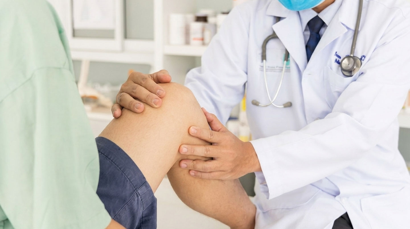 Consultation orthopédique genou entre chirurgien spécialisé et patient sportif, examen clinique attentif