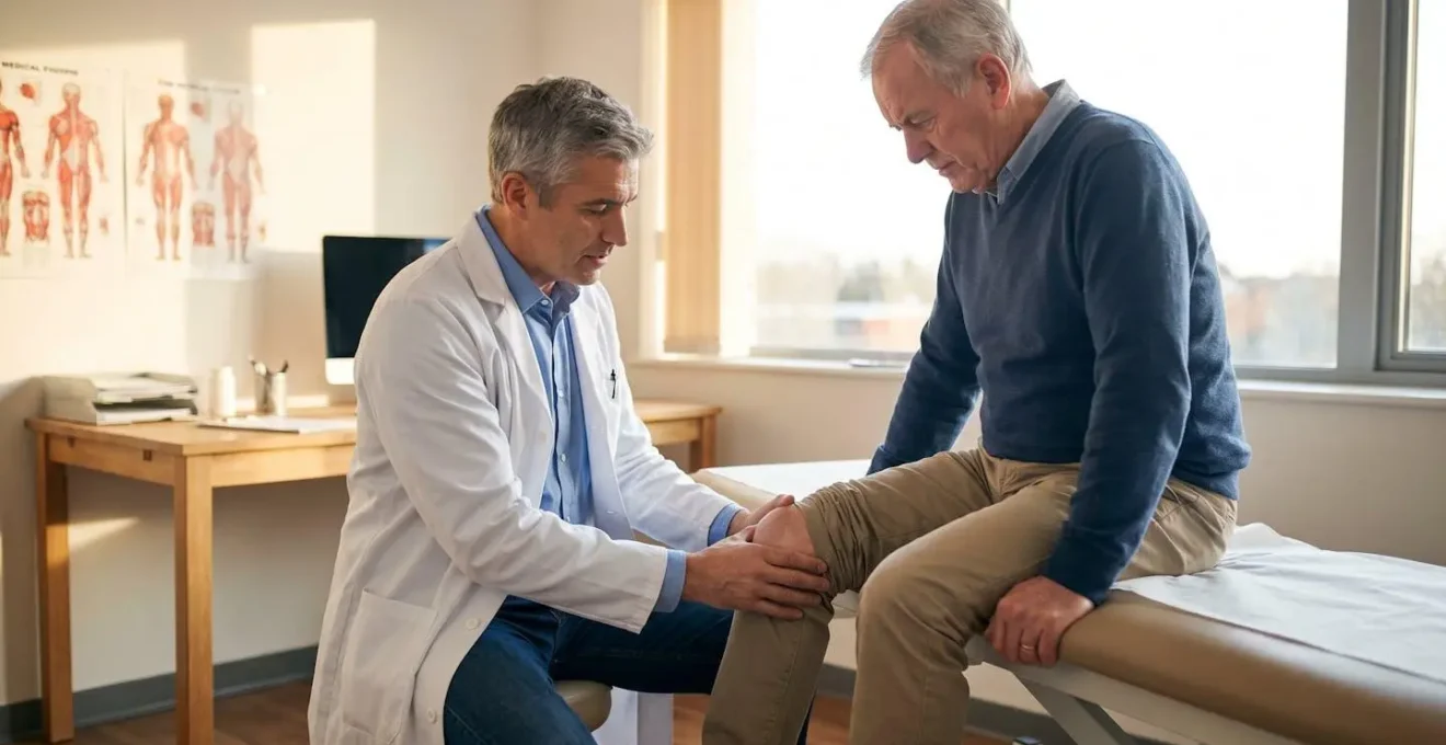 Consultation orthopédique genou entre chirurgien spécialisé et patient sportif, examen clinique attentif