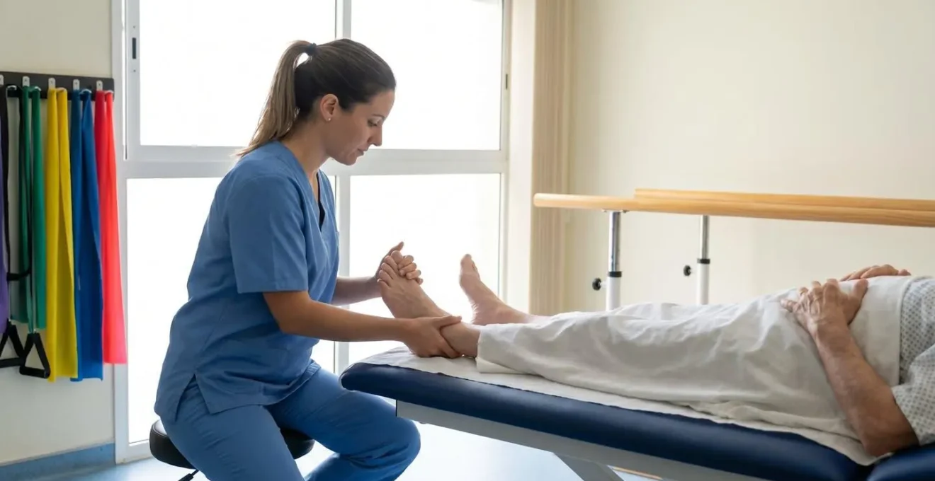 Patient en séance de rééducation du pied avec un kinésithérapeute après chirurgie percutanée