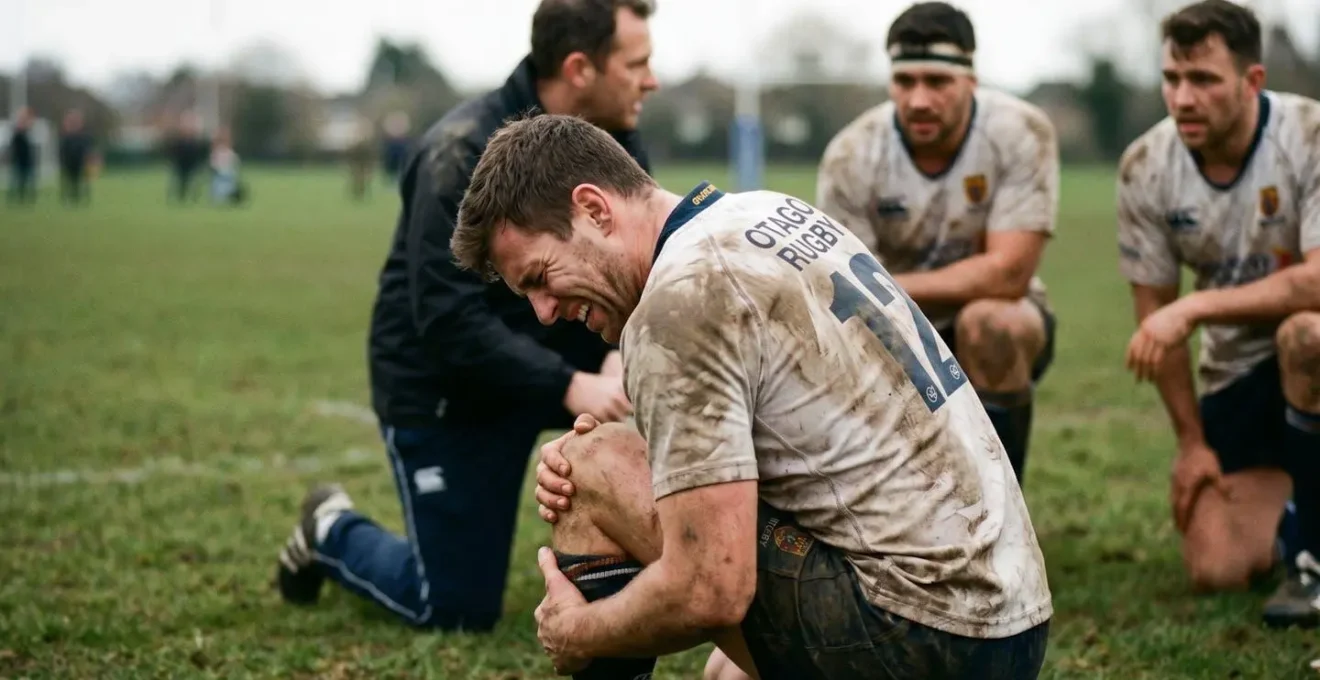 Joueur de rugby se tenant le genou après une blessure ligamentaire sur le terrain de sport